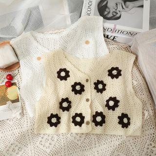 Flower-accent Button-up Crop Vest
