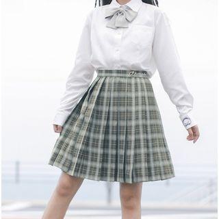 Button Blazer / Mini Plaid Pleated Skirt