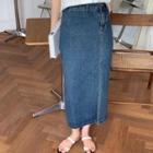 Puff-sleeve Blouse / Midi A-line Denim Skirt