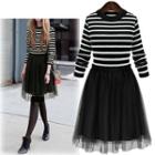 Mock Two-piece Tulle Stripe Long-sleeve Dress