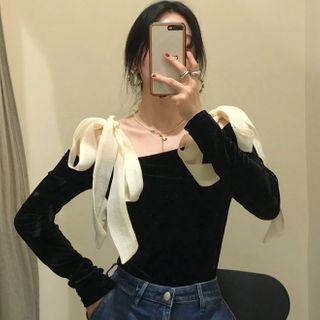 Long-sleeve Bow Cold-shoulder Velvet Top Black - One Size