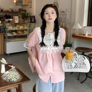 Short-sleeve Lace-trim Patterned Shirt