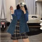 Open-front Fleece Vest / High-neck Plain T-shirt / Plaid Mini Skirt