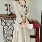 Long-sleeve Contrast Trim Pleated Midi Dress