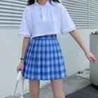 Collared Short-sleeve T-shirt / Plaid Mini Pleated Skirt