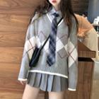 Argyle V-neck Sweater / Plain Shirt With Plaid Tie / Pleated Skirt