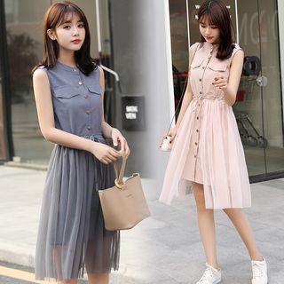 Set: Sleeveless Button-front Mini Dress + Midi A-line Mesh Dress