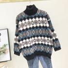 Turtleneck Patterned Sweater Green - One Size
