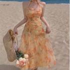 Sleeveless Halter Floral Midi A-line Dress