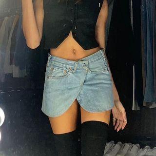 Denim Asymmetrical Mini Pencil Skirt