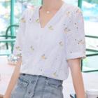 Short-sleeve Floral Embroidered Eyelet Lace Blouse
