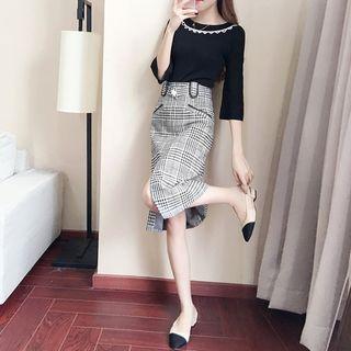 Set: 3/4-sleeve Top + Plaid A-line Midi Skirt