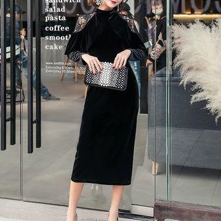Long-sleeve Mock Neck Lace Panel Midi Velvet Dress