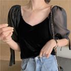 Puff-sleeve Mesh Blouse Black - One Size