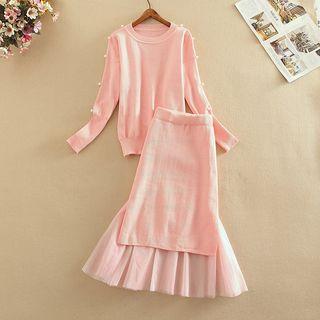 Set: Faux-pearl Detail Sweater + Mesh Panel Knit Skirt