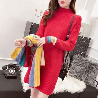 Color Block Long Sweater With Knit Scarf