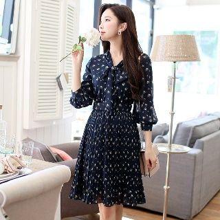 3/4-sleeve Flower Print A-line Dress