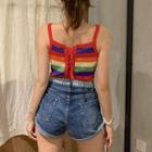 Sleeveless Halter Striped Drawstring Back Knit Top Muticolor - One Size