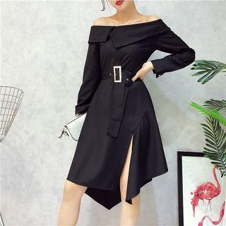 Off Shoulder A-line Dress With Belt