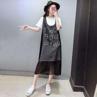 Set: Striped Short-sleeve T-shirt Dress + Lettering Midi Tank Dress