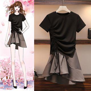 Set: Short-sleeve Drawstring T-shirt + Asymmetric Ruffled A-line Mini Skirt