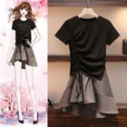 Set: Short-sleeve Drawstring T-shirt + Asymmetric Ruffled A-line Mini Skirt