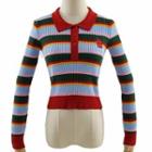 Polo-neck Striped Color Block Knit Top