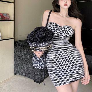Strapless Patterned Sheath Dress Black & White - One Size