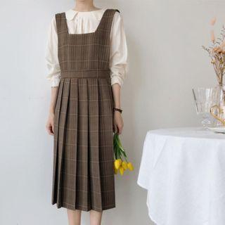 Long-sleeve Blouse / Plaid Pleated Midi A-line Overall Dress