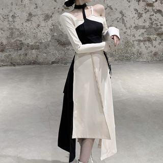 Off-shoulder Halter Two-tone Dress