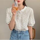 Short Sleeve Floral Print Lace Panel Ruched Blouse As Shown In Figure - One Size