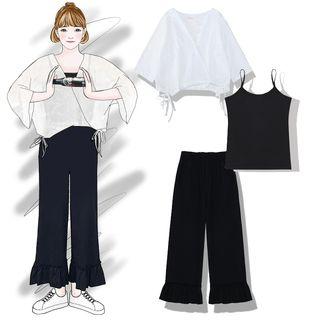 Spaghetti Strap Top / Frill Trim Wide-leg Pants / 3/4-sleeve Light Jacket