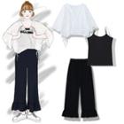 Spaghetti Strap Top / Frill Trim Wide-leg Pants / 3/4-sleeve Light Jacket