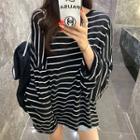 Long-sleeve Striped Loose-fit Top Black - One Size