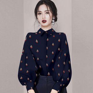 Lantern-sleeve Patterned Blouse