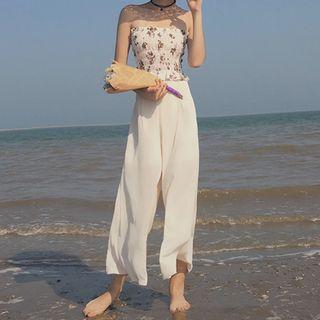 Floral Print Strapless Top / Wide-leg Pants