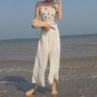 Floral Print Strapless Top / Wide-leg Pants