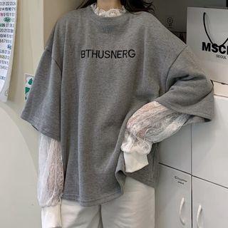 Mock Two-piece Lace Panel Lettering Long-sleeve T-shirt