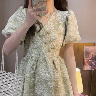 Puff-sleeve Jacquard Mini Smock Dress