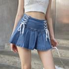 Lace Up Denim Mini Pleated Skirt
