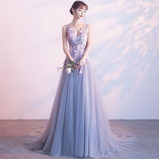 Floral Applique Sleeveless Evening Gown Gray - Floor Length - M