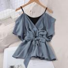 Mock Two-piece Cold-shoulder Tie-waist Blouse