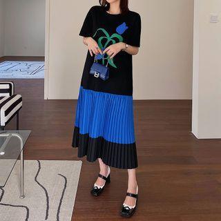 Short-sleeve Flower Print Panel Midi T-shirt Dress