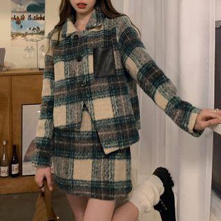 Set : Plaid Long-sleeve Jacket / High-waist Plaid Mini Skirt