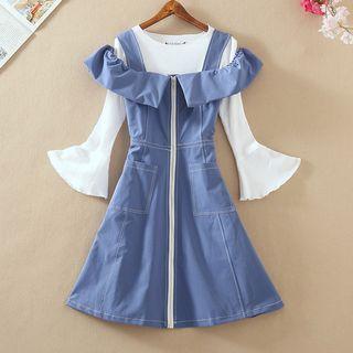 Crew-neck Long-sleeve Knit Top / Front Zip A-line Dress