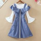 Crew-neck Long-sleeve Knit Top / Front Zip A-line Dress