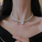 Heart Rhinestone Faux Pearl Choker White - One Size