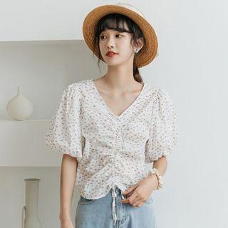 Balloon-sleeve Floral Print Drawstring Blouse White - One Size