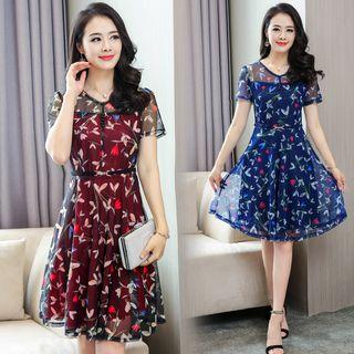 Short-sleeve Floral Print Crewneck Chiffon A-line Sheath Slim Dress
