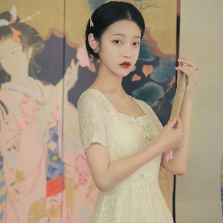 Set: Short-sleeve Frog-buttoned Lace Dress + Spaghetti Strap Midi A-line Dress